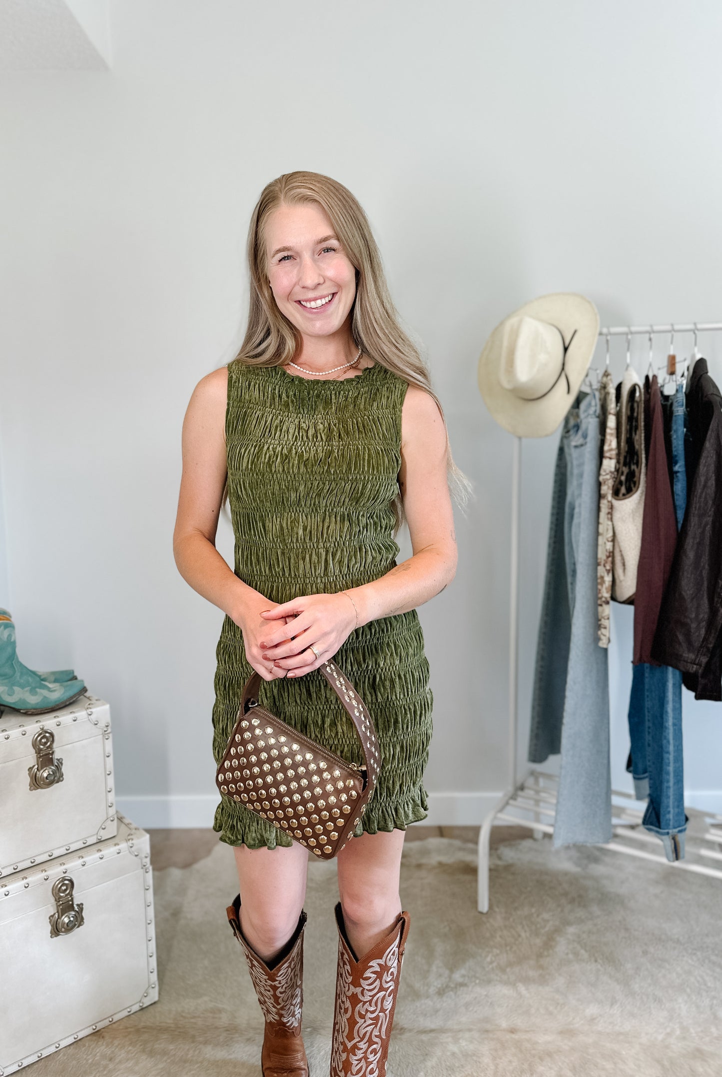 The Hot Stuff Velvet Meshed Smocked Dress