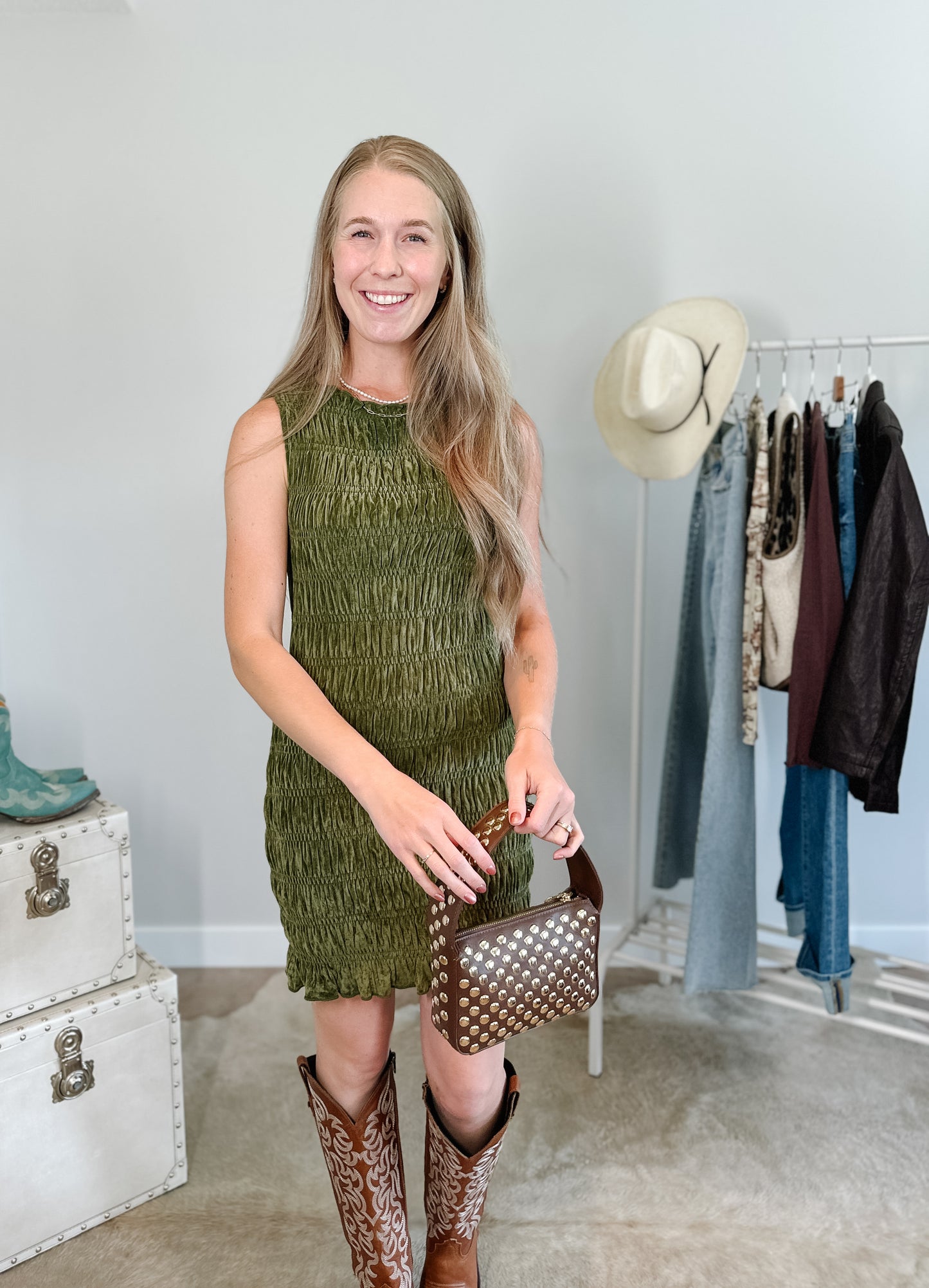 The Hot Stuff Velvet Meshed Smocked Dress