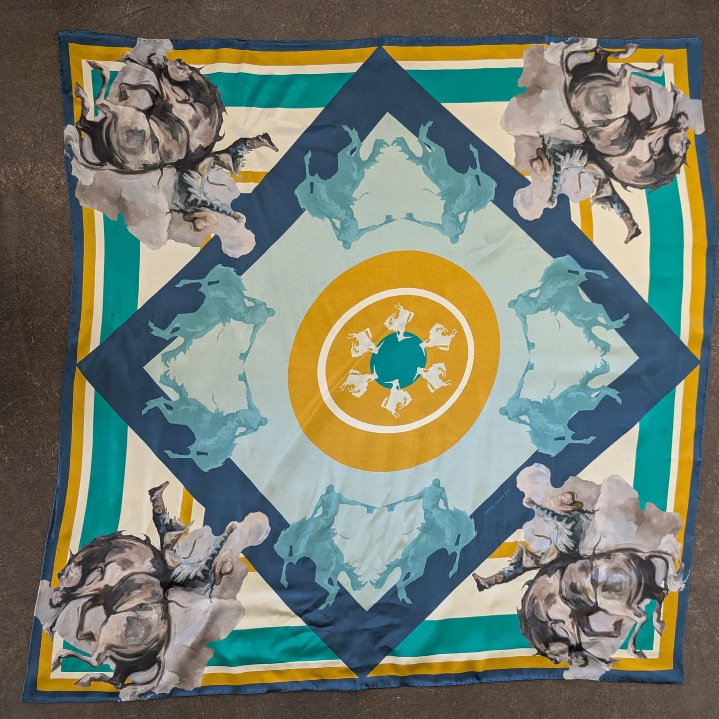 Teal & Yellow Bronc Silk Scarf