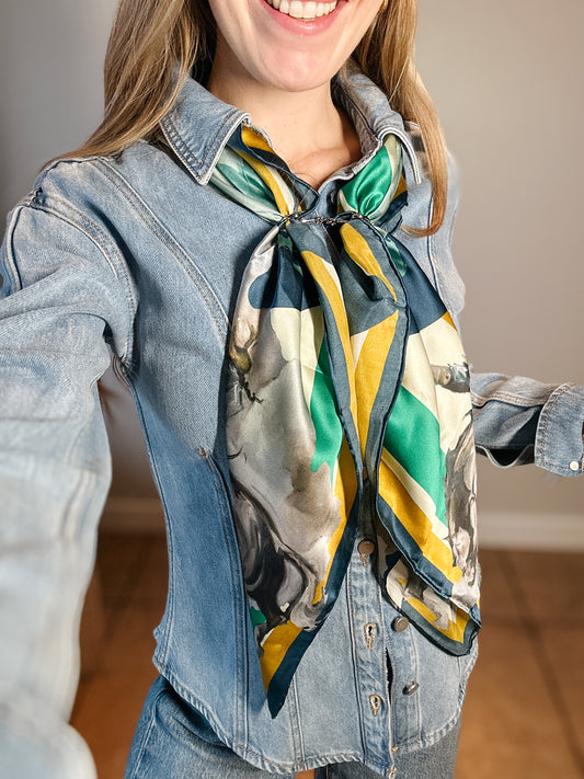 Teal & Yellow Bronc Silk Scarf
