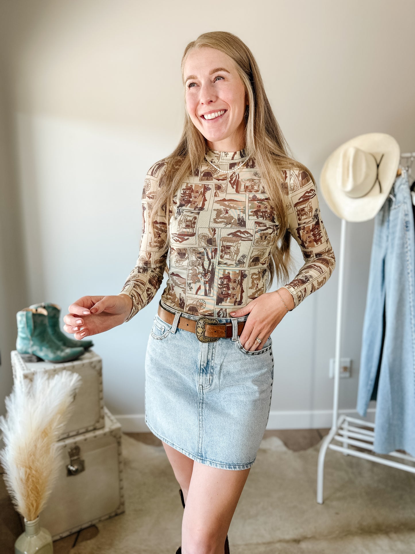 Giddy Up Mock Neck Mesh Long Sleeve