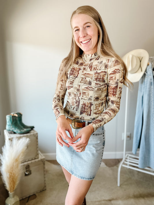 Giddy Up Mock Neck Mesh Long Sleeve