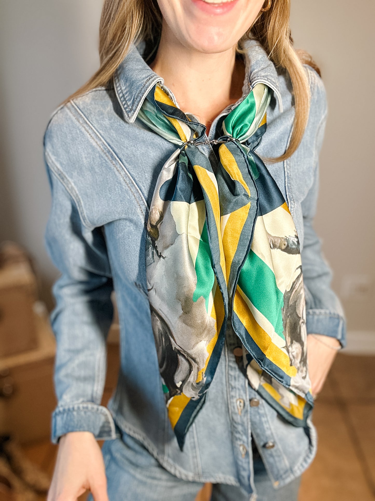 Teal & Yellow Bronc Silk Scarf