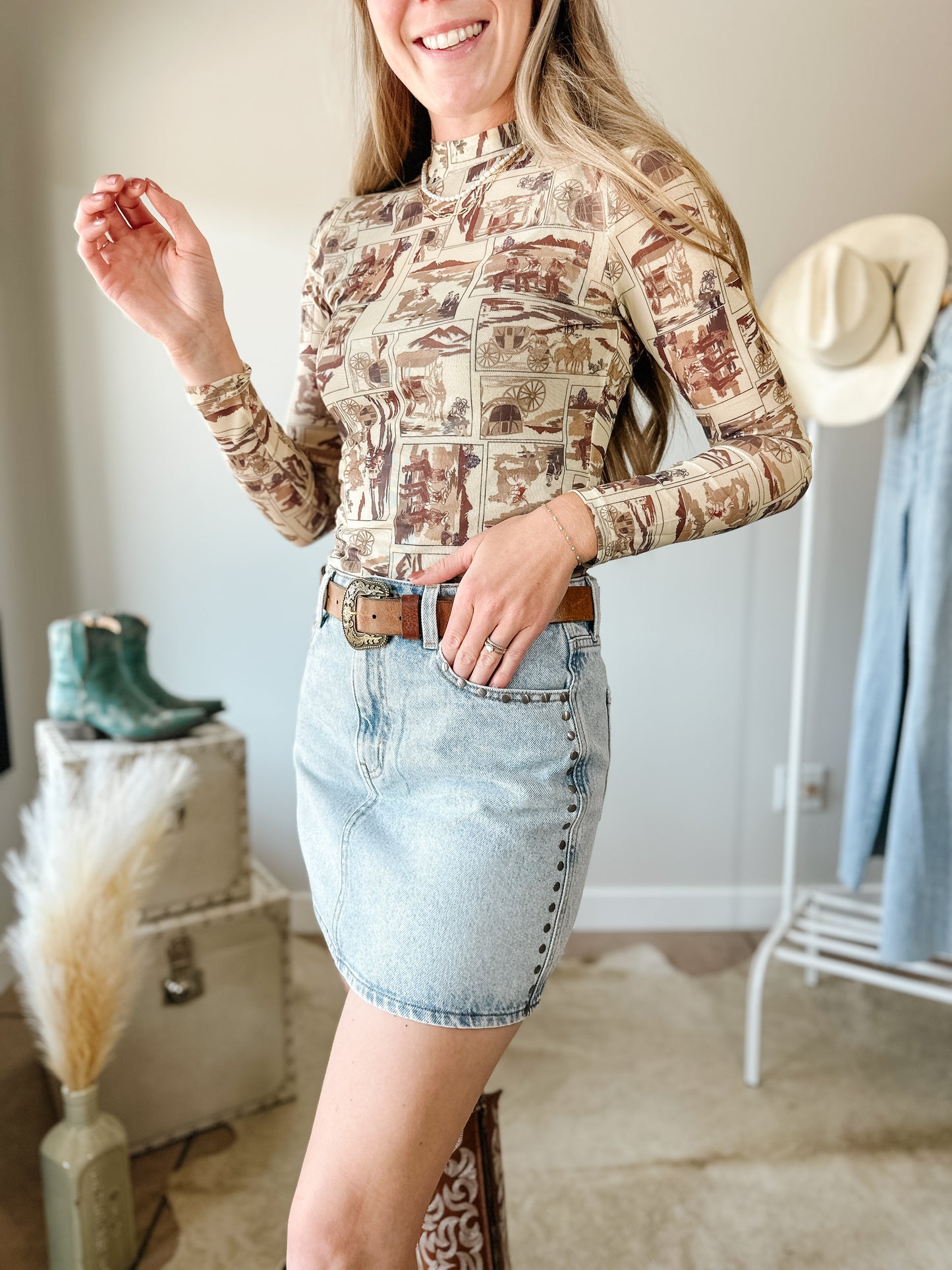 Giddy Up Mock Neck Mesh Long Sleeve