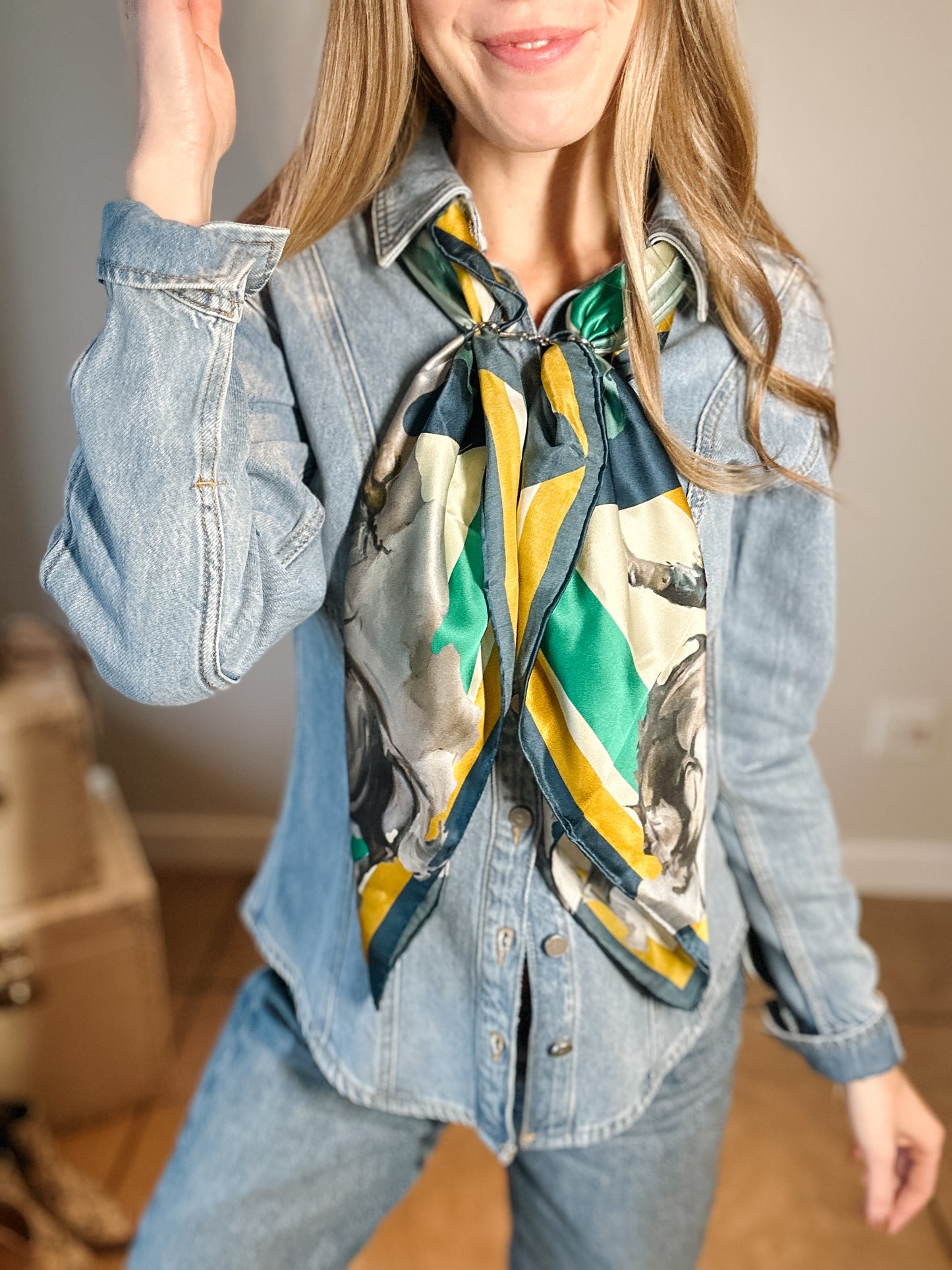 Teal & Yellow Bronc Silk Scarf