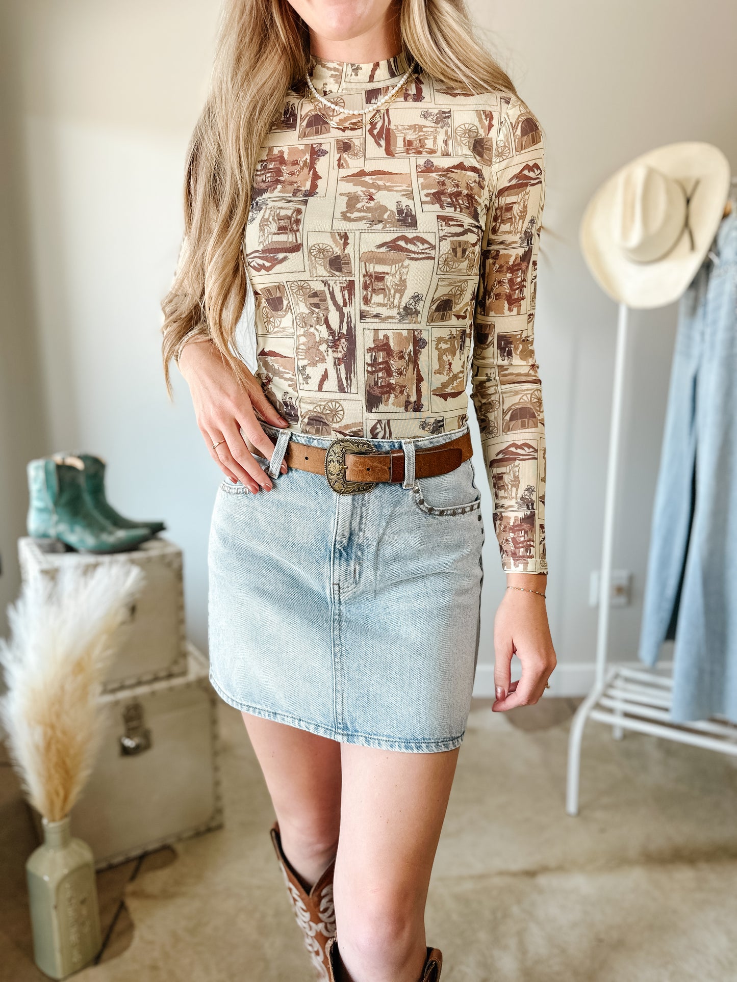 Giddy Up Mock Neck Mesh Long Sleeve