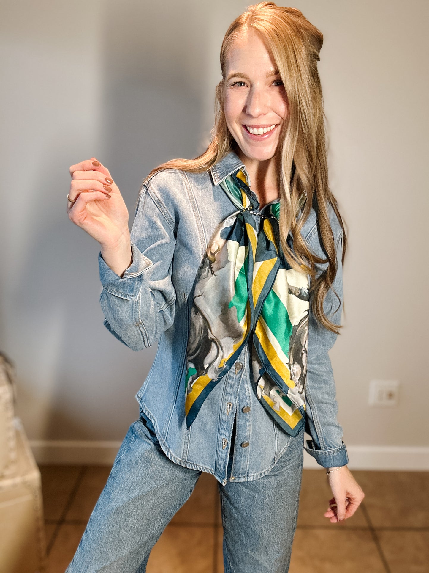 Teal & Yellow Bronc Silk Scarf