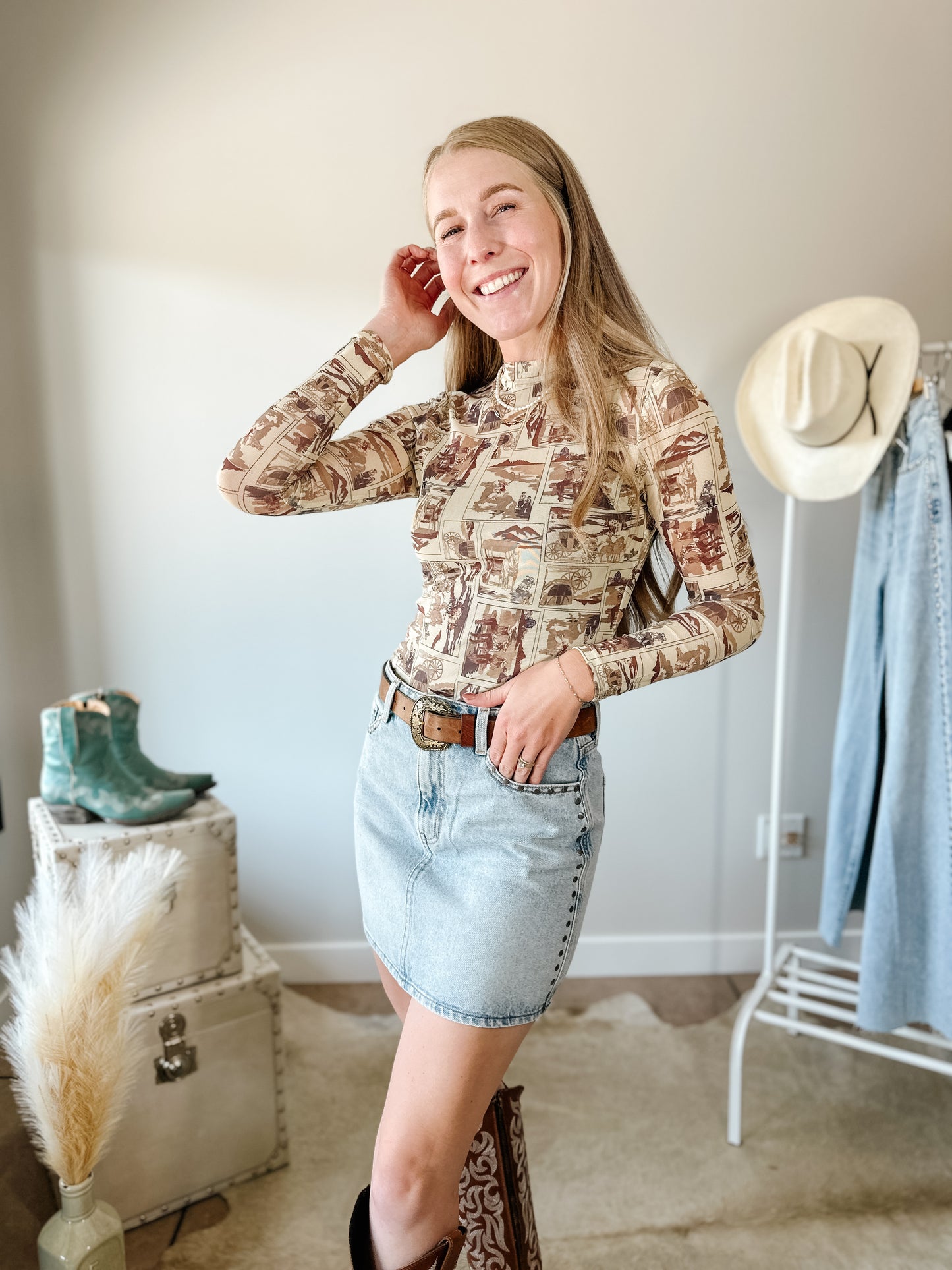 Giddy Up Mock Neck Mesh Long Sleeve