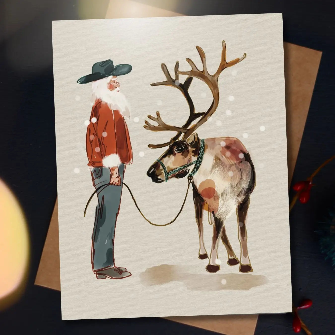 Santa And His Reindeer Christmas Card